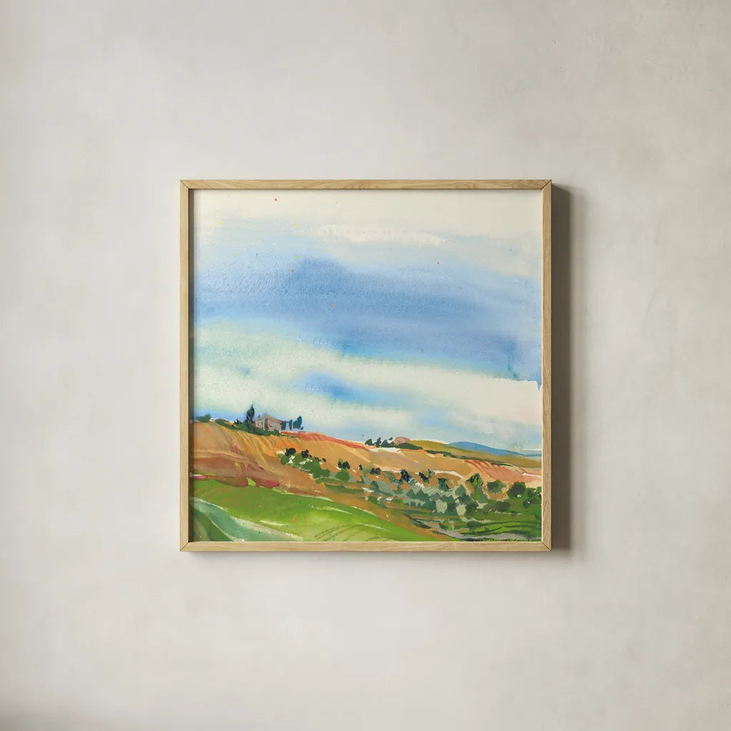 Tuscan Fields by Kristy Rice. Shown in a natural wood glass frame for a timeless modern aesthetic. Available as an archival giclee rolled canvas, fine art paper, or poster print. SKU 59818a.