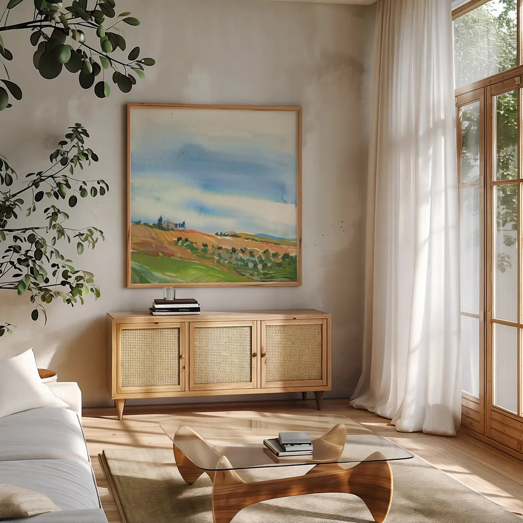 Tuscan Fields by Kristy Rice. Shown in a natural wood frame in a cozy modern living room. Available as an archival giclee rolled canvas, fine art paper, or poster print. SKU 59818a.