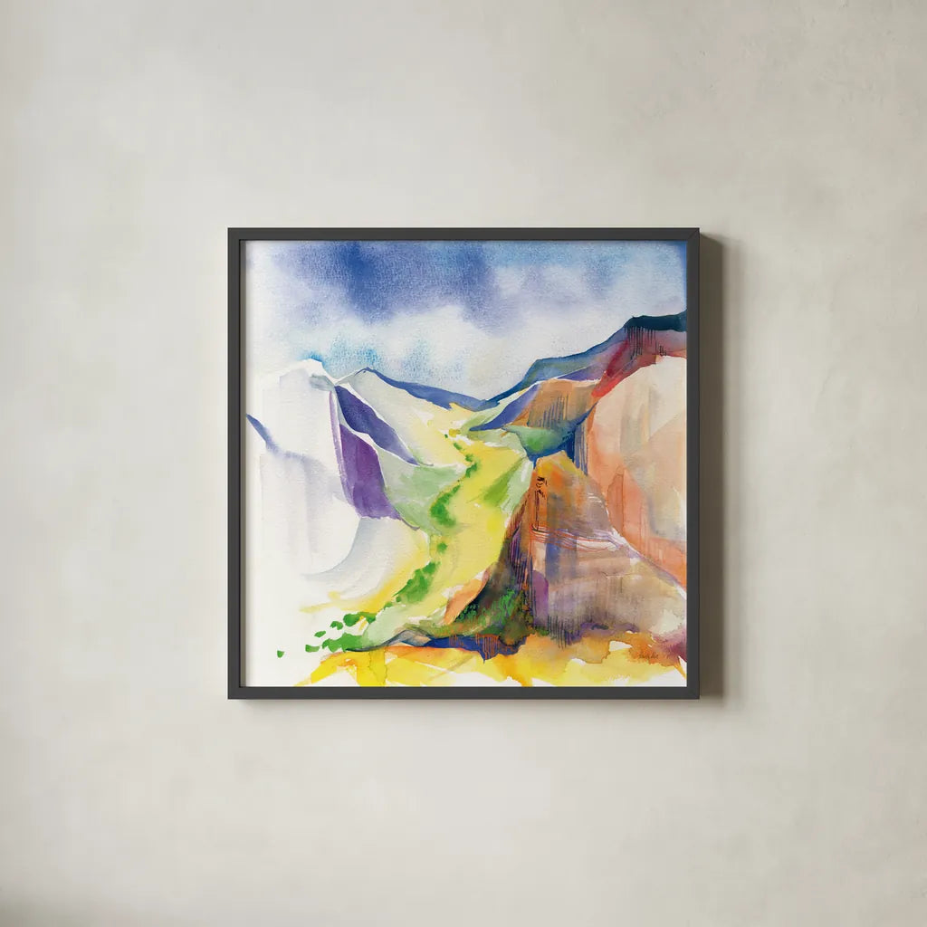 Verdant Valley by Kristy Rice. Shown in a sleek black glass frame for a contemporary gallery look. Available as an archival giclee rolled canvas, fine art paper, or poster print. SKU 90385a.