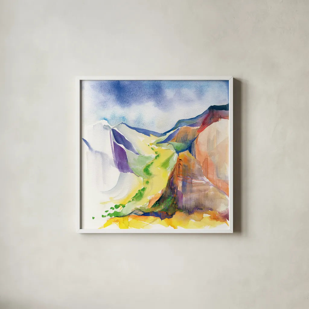 Verdant Valley by Kristy Rice. Shown in a crisp white glass frame for a clean and minimalist style. Available as an archival giclee rolled canvas, fine art paper, or poster print. SKU 90385a.