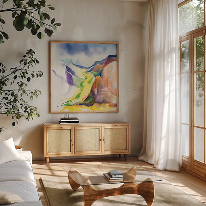 Verdant Valley by Kristy Rice. Shown in a natural wood frame in a cozy modern living room. Available as an archival giclee rolled canvas, fine art paper, or poster print. SKU 90385a.