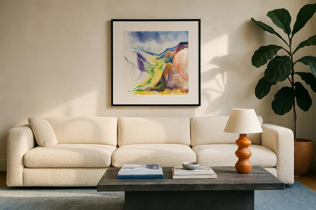 Verdant Valley by Kristy Rice. Displayed in a glass frame with matte in a clean modern living room. Available as an archival giclee rolled canvas, fine art paper, or poster print. SKU 90385a.