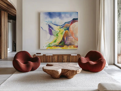 Verdant Valley by Kristy Rice. Shown as extra-large giant wall art in a modern living room. Available as an archival giclee rolled canvas, fine art paper, or poster print. SKU 90385a.