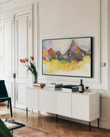 Western Slope by Kristy Rice. shown as a framed stretched canvas in a living room above a console. Available as a archival giclee rolled canvas, fine art paper, or poster print. SKU 59815i.