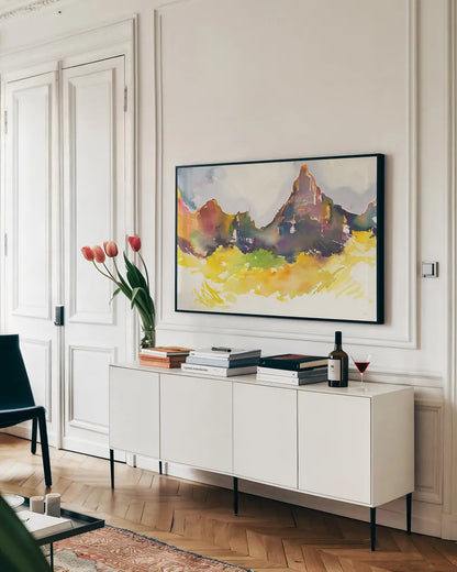 Western Slope by Kristy Rice. shown as a framed stretched canvas in a living room above a console. Available as a archival giclee rolled canvas, fine art paper, or poster print. SKU 59815i.