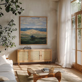 Barn of the West by Krystal Adams. Shown in a natural wood frame in a cozy modern living room. Available as an archival giclee rolled canvas, fine art paper, or poster print. SKU 104346a.