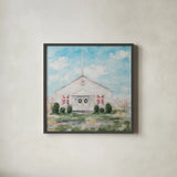 Church in a Cotton Field by Krystal Adams. Shown in a sleek black glass frame for a contemporary gallery look. Available as an archival giclee rolled canvas, fine art paper, or poster print. SKU 103661a.