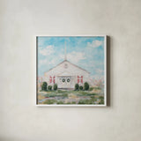 Church in a Cotton Field by Krystal Adams. Shown in a crisp white glass frame for a clean and minimalist style. Available as an archival giclee rolled canvas, fine art paper, or poster print. SKU 103661a.