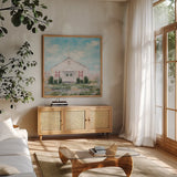 Church in a Cotton Field by Krystal Adams. Shown in a natural wood frame in a cozy modern living room. Available as an archival giclee rolled canvas, fine art paper, or poster print. SKU 103661a.