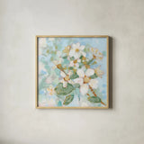 Dogwood Spring I by Krystal Adams. Shown in a natural wood glass frame for a timeless modern aesthetic. Available as an archival giclee rolled canvas, fine art paper, or poster print. SKU 103646a.