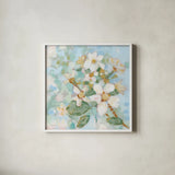 Dogwood Spring I by Krystal Adams. Shown in a crisp white glass frame for a clean and minimalist style. Available as an archival giclee rolled canvas, fine art paper, or poster print. SKU 103646a.