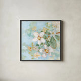 Dogwood Spring II by Krystal Adams. Shown in a sleek black glass frame for a contemporary gallery look. Available as an archival giclee rolled canvas, fine art paper, or poster print. SKU 103647a.