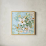 Dogwood Spring II by Krystal Adams. Shown in a natural wood glass frame for a timeless modern aesthetic. Available as an archival giclee rolled canvas, fine art paper, or poster print. SKU 103647a.