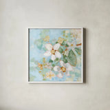 Dogwood Spring II by Krystal Adams. Shown in a crisp white glass frame for a clean and minimalist style. Available as an archival giclee rolled canvas, fine art paper, or poster print. SKU 103647a.