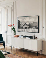 Farm Study I by Krystal Adams. shown as a framed stretched canvas in a living room above a console. Available as a archival giclee rolled canvas, fine art paper, or poster print. SKU 103599i.