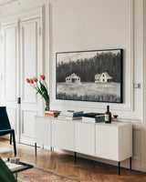 Farm Study II by Krystal Adams. shown as a framed stretched canvas in a living room above a console. Available as a archival giclee rolled canvas, fine art paper, or poster print. SKU 103600i.