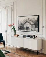 Farm Study IV by Krystal Adams. shown as a framed stretched canvas in a living room above a console. Available as a archival giclee rolled canvas, fine art paper, or poster print. SKU 103602i.