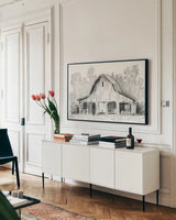 Farm Study V by Krystal Adams. shown as a framed stretched canvas in a living room above a console. Available as a archival giclee rolled canvas, fine art paper, or poster print. SKU 103603i.