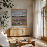 Field of Clover by Krystal Adams. Shown in a natural wood frame in a cozy modern living room. Available as an archival giclee rolled canvas, fine art paper, or poster print. SKU 102222a.