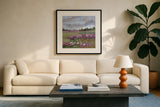 Field of Clover by Krystal Adams. Displayed in a glass frame with matte in a clean modern living room. Available as an archival giclee rolled canvas, fine art paper, or poster print. SKU 102222a.