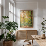Forest Light I by Krystal Adams. shown as a print in a natural wood frame in a dining room. Available as a archival giclee rolled canvas, fine art paper, or poster print. SKU 103653h.