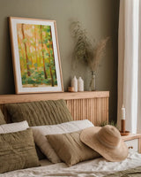 Forest Light I by Krystal Adams. shown as a paper print in a natural frame. Available as a archival giclee rolled canvas, fine art paper, or poster print. SKU 103653h.