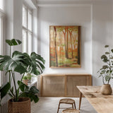 Forest Light II by Krystal Adams. shown as a print in a natural wood frame in a dining room. Available as a archival giclee rolled canvas, fine art paper, or poster print. SKU 103654h.