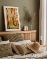 Forest Light II by Krystal Adams. shown as a paper print in a natural frame. Available as a archival giclee rolled canvas, fine art paper, or poster print. SKU 103654h.