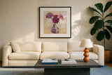 Last Summer Bouquet by Krystal Adams. Displayed in a glass frame with matte in a clean modern living room. Available as an archival giclee rolled canvas, fine art paper, or poster print. SKU 102218a.