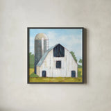 Little White Barn by Krystal Adams. Shown in a sleek black glass frame for a contemporary gallery look. Available as an archival giclee rolled canvas, fine art paper, or poster print. SKU 102220a.