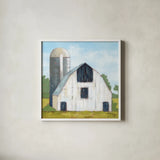 Little White Barn by Krystal Adams. Shown in a crisp white glass frame for a clean and minimalist style. Available as an archival giclee rolled canvas, fine art paper, or poster print. SKU 102220a.