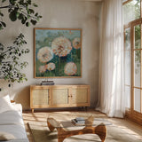 Make a Wish by Krystal Adams. Shown in a natural wood frame in a cozy modern living room. Available as an archival giclee rolled canvas, fine art paper, or poster print. SKU 102217a.