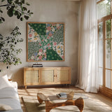 Quilted Floral III by Krystal Adams. Shown in a natural wood frame in a cozy modern living room. Available as an archival giclee rolled canvas, fine art paper, or poster print. SKU 102215a.