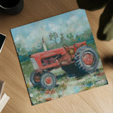 Red Tractor by Krystal Adams. Shown as a detailed flat fine art print, highlighting archival giclee quality. Available as an archival giclee rolled canvas, fine art paper, or poster print. SKU 102223a.