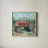 Red Tractor by Krystal Adams. Shown in a natural wood glass frame for a timeless modern aesthetic. Available as an archival giclee rolled canvas, fine art paper, or poster print. SKU 102223a.