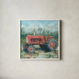 Red Tractor by Krystal Adams. Shown in a crisp white glass frame for a clean and minimalist style. Available as an archival giclee rolled canvas, fine art paper, or poster print. SKU 102223a.