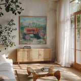 Red Tractor by Krystal Adams. Shown in a natural wood frame in a cozy modern living room. Available as an archival giclee rolled canvas, fine art paper, or poster print. SKU 102223a.