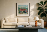 Red Tractor by Krystal Adams. Displayed in a glass frame with matte in a clean modern living room. Available as an archival giclee rolled canvas, fine art paper, or poster print. SKU 102223a.