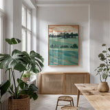 Rolling Hills II by Krystal Adams. shown as a print in a natural wood frame in a dining room. Available as a archival giclee rolled canvas, fine art paper, or poster print. SKU 103609h.