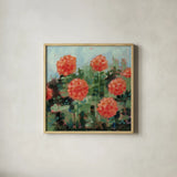 Rosy Mums by Krystal Adams. Shown in a natural wood glass frame for a timeless modern aesthetic. Available as an archival giclee rolled canvas, fine art paper, or poster print. SKU 103663a.