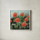 Rosy Mums by Krystal Adams. Shown in a crisp white glass frame for a clean and minimalist style. Available as an archival giclee rolled canvas, fine art paper, or poster print. SKU 103663a.