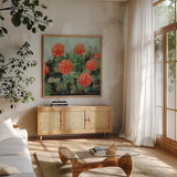 Rosy Mums by Krystal Adams. Shown in a natural wood frame in a cozy modern living room. Available as an archival giclee rolled canvas, fine art paper, or poster print. SKU 103663a.