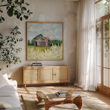 Springtime on the Farm by Krystal Adams. Shown in a natural wood frame in a cozy modern living room. Available as an archival giclee rolled canvas, fine art paper, or poster print. SKU 102219a.