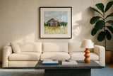 Springtime on the Farm by Krystal Adams. Displayed in a glass frame with matte in a clean modern living room. Available as an archival giclee rolled canvas, fine art paper, or poster print. SKU 102219a.