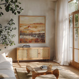 Sunset Harvest by Krystal Adams. Shown in a natural wood frame in a cozy modern living room. Available as an archival giclee rolled canvas, fine art paper, or poster print. SKU 103605a.
