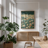 Wildflowers III by Krystal Adams. shown as a print in a natural wood frame in a dining room. Available as a archival giclee rolled canvas, fine art paper, or poster print. SKU 102752h.