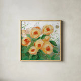 Yellow Roses I by Krystal Adams. Shown in a natural wood glass frame for a timeless modern aesthetic. Available as an archival giclee rolled canvas, fine art paper, or poster print. SKU 103655a.