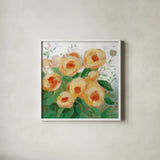 Yellow Roses I by Krystal Adams. Shown in a crisp white glass frame for a clean and minimalist style. Available as an archival giclee rolled canvas, fine art paper, or poster print. SKU 103655a.
