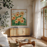 Yellow Roses I by Krystal Adams. Shown in a natural wood frame in a cozy modern living room. Available as an archival giclee rolled canvas, fine art paper, or poster print. SKU 103655a.