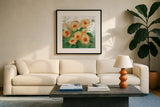 Yellow Roses I by Krystal Adams. Displayed in a glass frame with matte in a clean modern living room. Available as an archival giclee rolled canvas, fine art paper, or poster print. SKU 103655a.